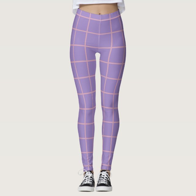 Retro Lavender Lila und rosa Einfaches Grid-Muster Leggings (Vorderseite)