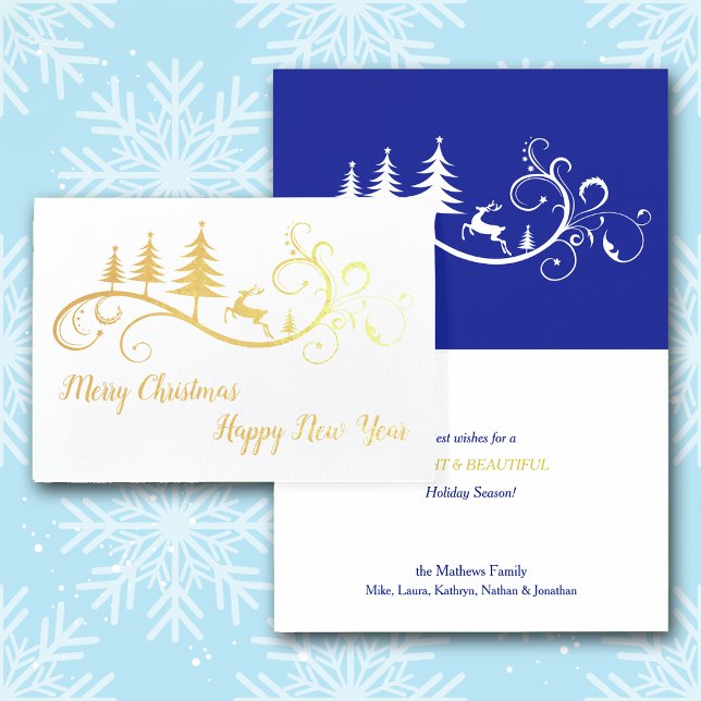 Retro Leaping Deer and Tree Weihnachten Folienkarte (Von Creator hochgeladen)