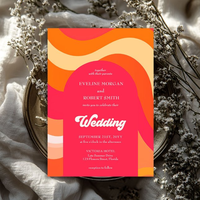 Retro lebhafte Farben Wellen Groovy Schriftart Hoc Einladung (Retro vibrant colors waves groovy font wedding invitation)