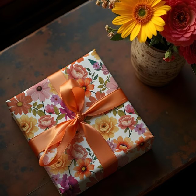 Retro Lebhaftes botanisches Floral- und Foliage-Mu Geschenkpapier (Retro Vibrant Botanical Floral & Foliage Pattern Wrapping Paper)