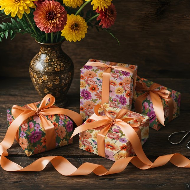 Retro Lebhaftes botanisches Floral- und Foliage-Mu Geschenkpapier Set (Retro Vibrant Botanical Floral & Foliage Pattern Wrapping Paper Sheets)