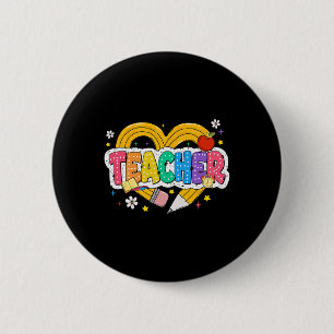 Retro-Lehrer-Herz-Bleistift Bunt Groovy Schule Button