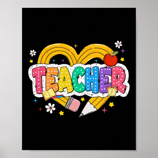 Retro-Lehrer-Herz-Bleistift Bunte Groovy-Schule  Poster (Vorne)
