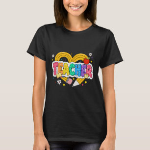 Retro-Lehrer-Herz-Bleistift Bunte Groovy-Schule  T-Shirt