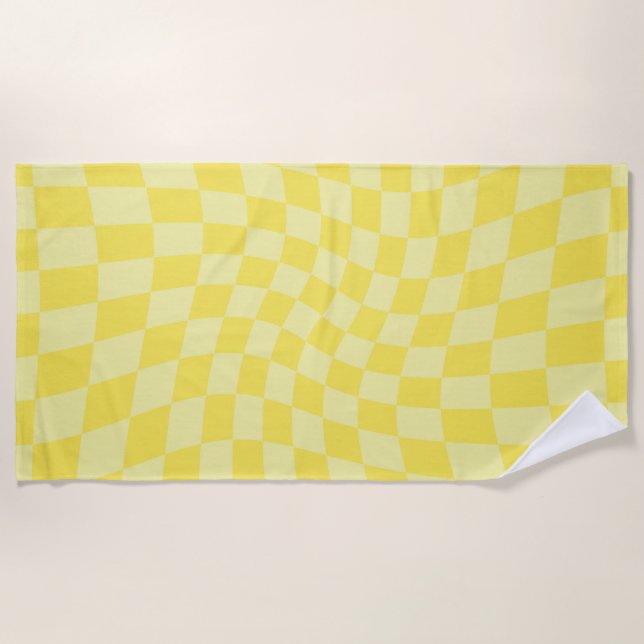 Retro Lemon Yellow Paston Warped Checkerboard Strandtuch (Vorderseite)