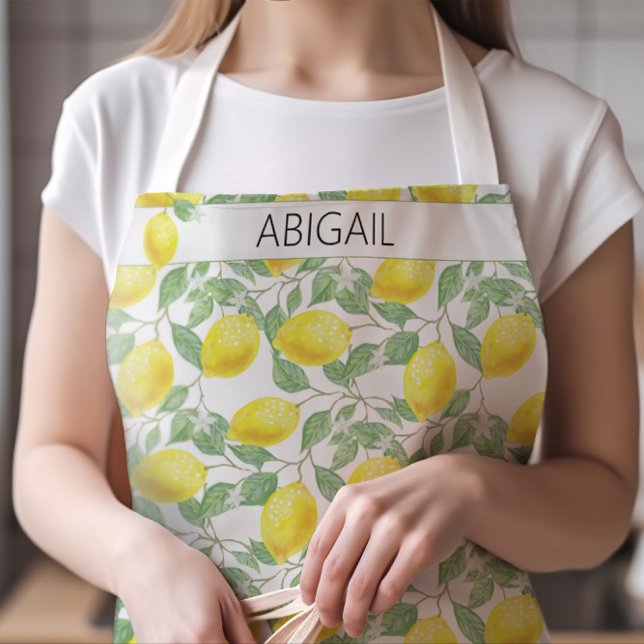 Retro Lemons & Lemon Tree Yellow Citrus Muster Schürze (Hand-drawn Lemons Pattern Apron with Any Name)