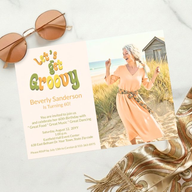 Retro Let's Get Groovy Photo 60th Birthday Party Einladung (Von Creator hochgeladen)