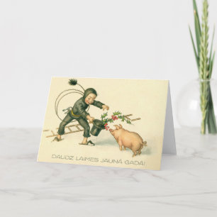Retro lettische Neujahrsgrußkarte mit Schwein und Feiertagskarte