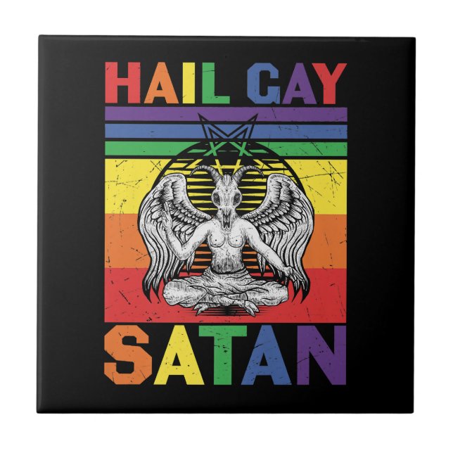 Retro LGBT Rainbow Flag Hail Gay Satan LGBT Goth G Fliese (Vorderseite)