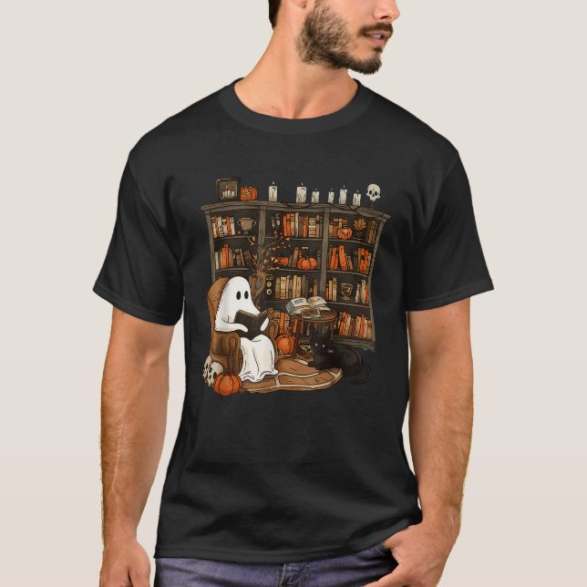 Retro Librarian Bookshelfer Boujee Ghost Cat T-Shirt (Vorderseite)