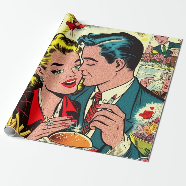 Retro Liebe Couple Comic Geschenkpapier (Ungerollt)