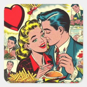 Retro Liebe Couple Comic Quadratischer Aufkleber