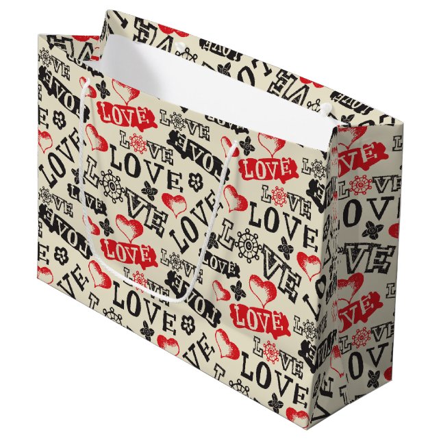 Retro-Liebe Valentinstag-Geschenktasche - Groß, gl Große Geschenktüte (Vorderseite Schrägansicht)