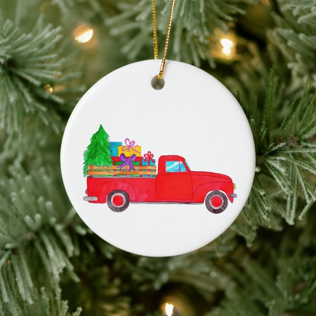 Retro Lieferwagen LKW mit Weihnachtsgeschenken Keramik Ornament (Baum)