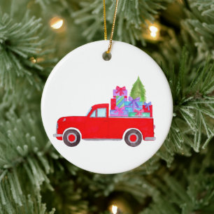 Retro Lieferwagen Truck mit Weihnachtsgeschenken K Keramik Ornament