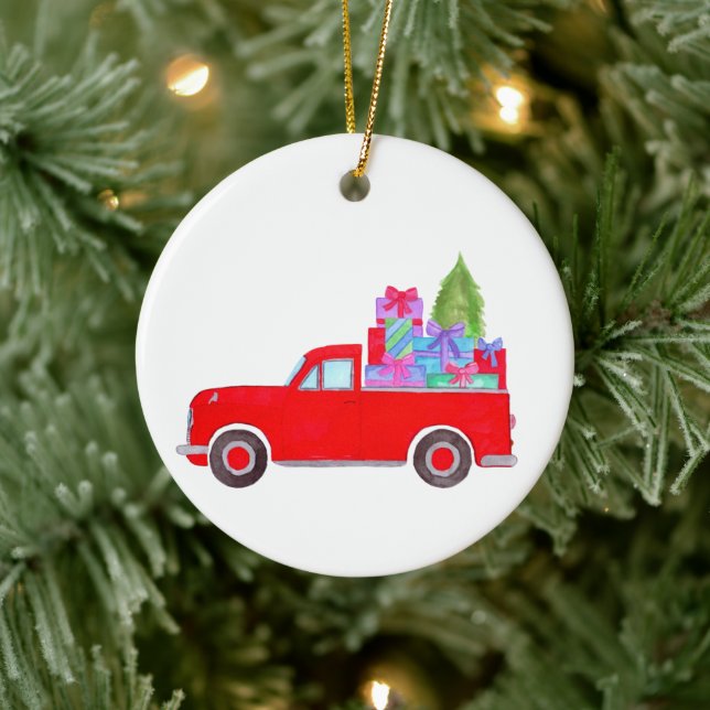 Retro Lieferwagen Truck mit Weihnachtsgeschenken K Keramik Ornament (Baum)