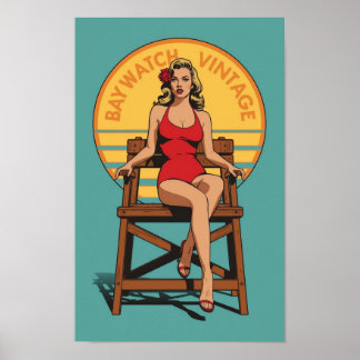 Retro Lifeguard Pin-Up – Vintage Baywatch Style Po Poster
