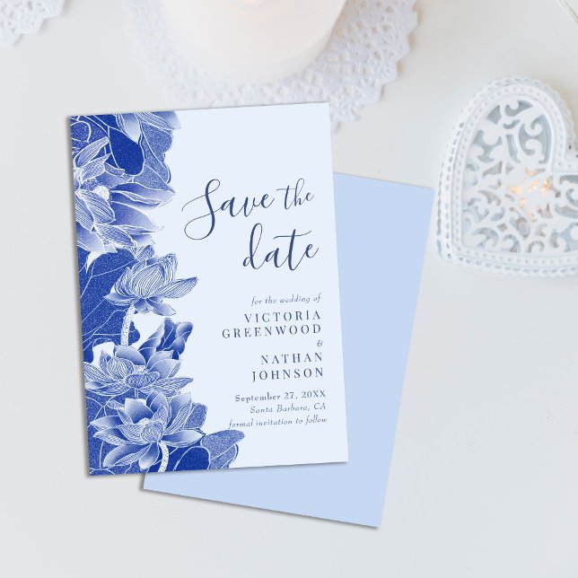 Retro Light Blue Floral Chinoiserie Save the Date (Von Creator hochgeladen)