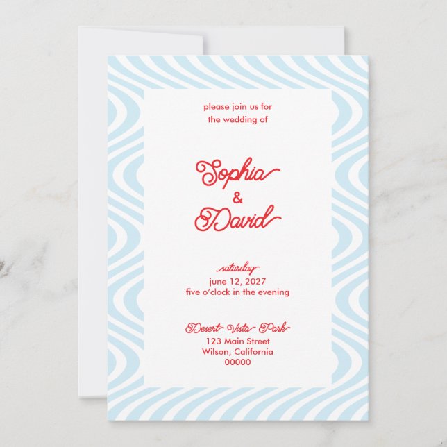 Retro Light Blue Wave Wedding Einladungen (Vorderseite)