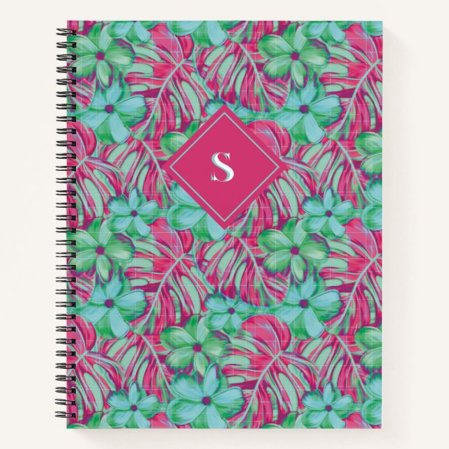 Retro Light Pink und Green Florals Notizbuch (Vorderseite)