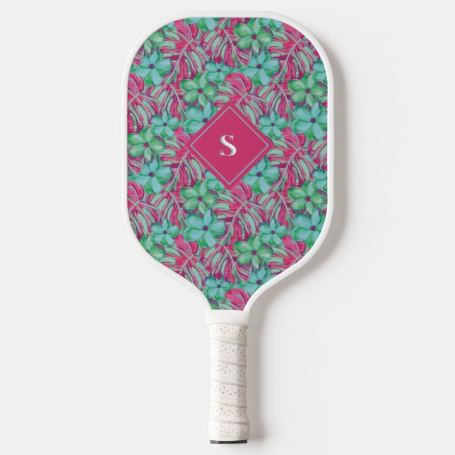 Retro Light Pink und Green Florals Pickleball Schläger (Vorderseite)