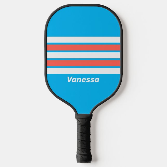 Retro Light Sky Blue über Strip mit Name Pickleball Schläger (Vorderseite)
