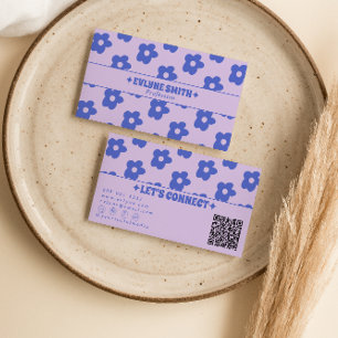 Retro Lila Blau QR Code Groovy Floral Einzigartig Visitenkarte