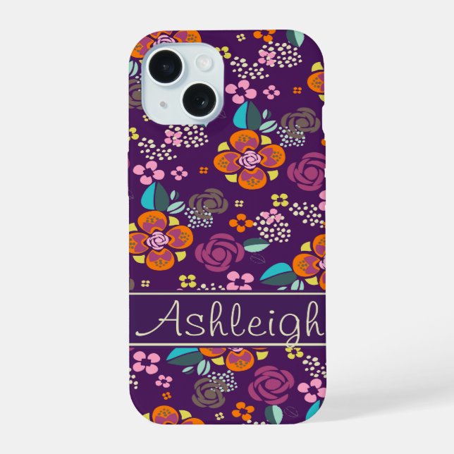 Retro-Lila Blumenmuster iPhone 15 Hülle (Rückseite)