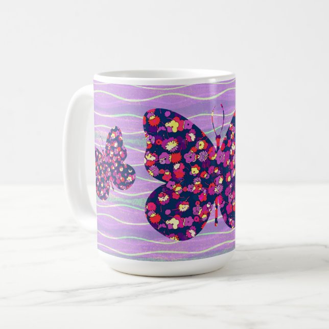 Retro Lila Butterfly Blume Tasse Cup (Vorderseite Links)