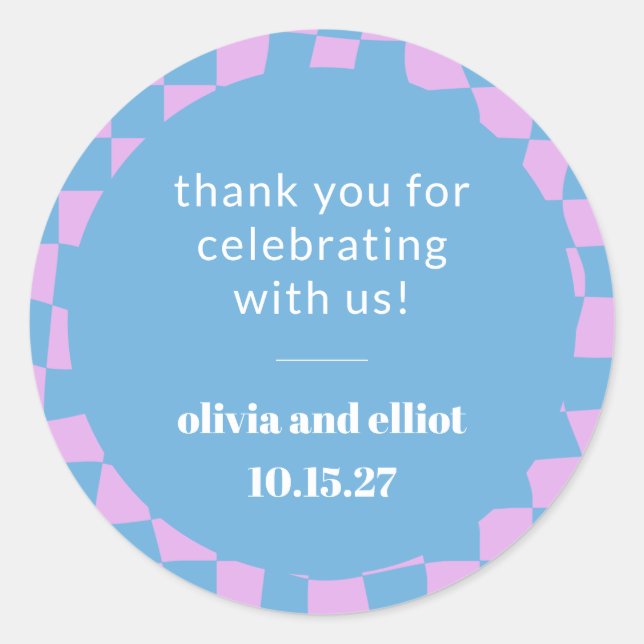 Retro Lila Checkerboard Custom Couples Dusche Runder Aufkleber (Vorderseite)