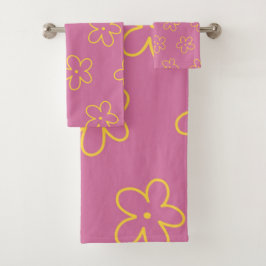 Retro Lila Gelbe Blüte Einfaches Muster Blume Badhandtuch Set