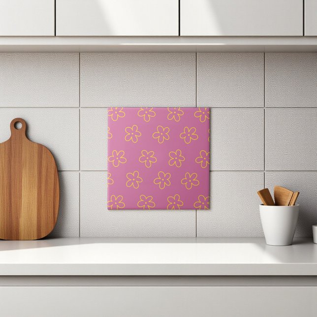 Retro Lila Gelbe Blüte Einfaches Muster Blume Fliese (Retro Purple Yellow Floral Simple Flower Pattern Ceramic Tile)