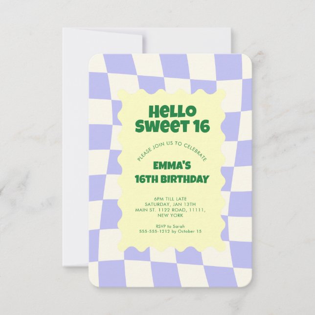 Retro Lila Groovy Schachbrett Sweet 16 Einladung (Vorderseite)