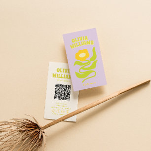 Retro Lila Grün QR Code Groovy Trendiger Floral Visitenkarte