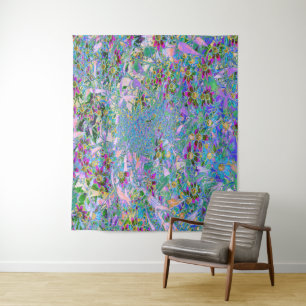 Retro-Lila-, Grün- und Blaue Wildblumen auf Rosa Wandteppich