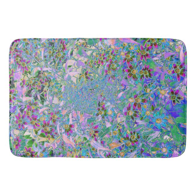 Retro-Lila, grüne und blaue Wildblumen auf Rosa Badematte (Vorderseite)