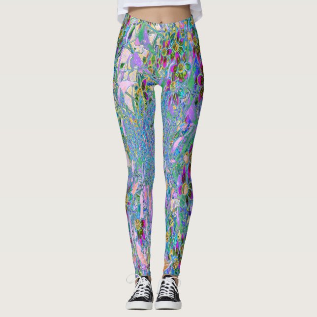 Retro-Lila, grüne und blaue Wildblumen auf Rosa Leggings (Vorderseite)