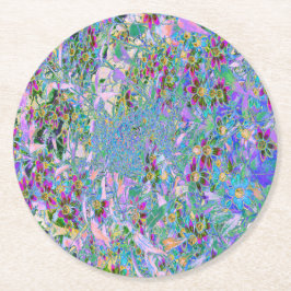 Retro-Lila, grüne und blaue Wildblumen auf Rosa Runder Pappuntersetzer