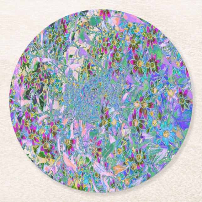 Retro-Lila, grüne und blaue Wildblumen auf Rosa Runder Pappuntersetzer (Vorderseite)