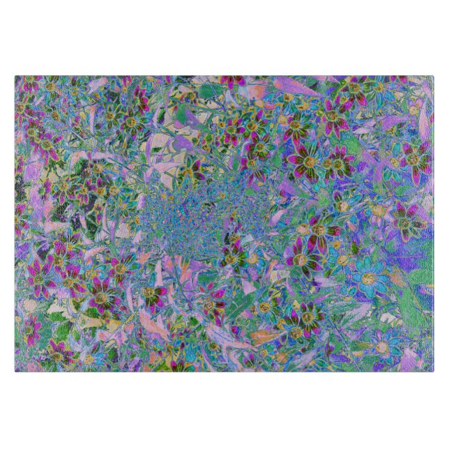 Retro-Lila, grüne und blaue Wildblumen auf Rosa Schneidebrett (Vorderseite)