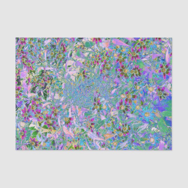 Retro-Lila, grüne und blaue Wildblumen auf Rosa Seidenpapier (Vorderseite)