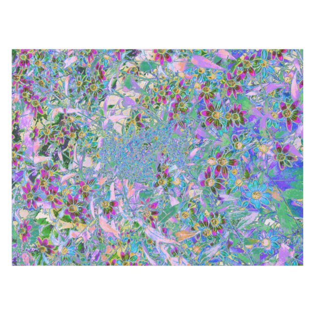 Retro-Lila, grüne und blaue Wildblumen auf Rosa Tischdecke (Vorderseite (Horizontal))