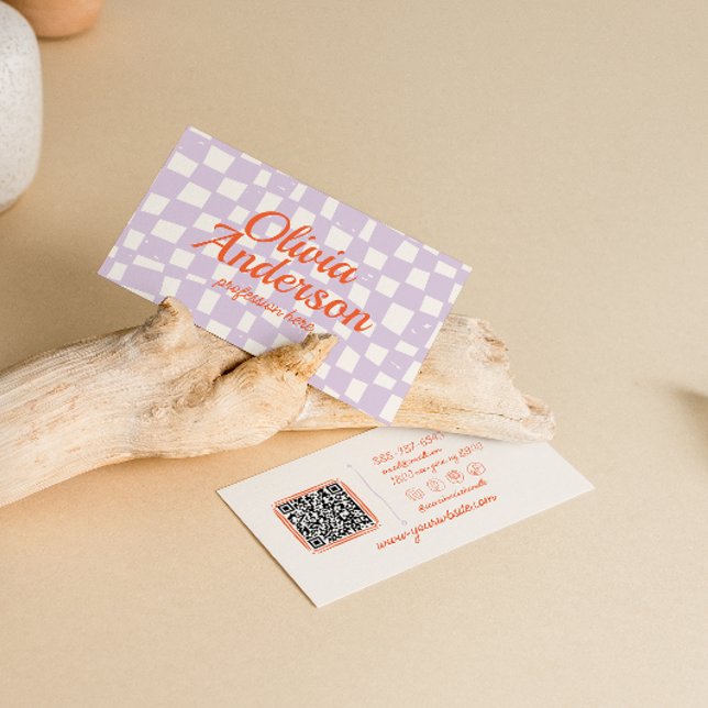 Retro Lila Hand gezogener karierter Groovy QR Code Visitenkarte (Von Creator hochgeladen)
