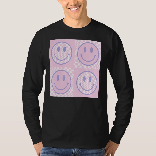 Retro Lila Happy Face Checkered Pattern Trendy T-Shirt (Vorderseite)