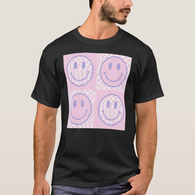 Retro Lila Happy Face Checkered Pattern Trendy T-Shirt (Vorderseite)