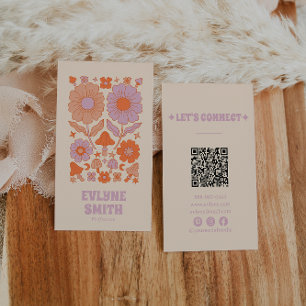 Retro Lila Orange QR Code Groovy Floral Boho Visitenkarte