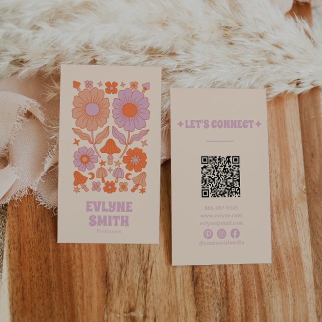 Retro Lila Orange QR Code Groovy Floral Boho Visitenkarte (Von Creator hochgeladen)