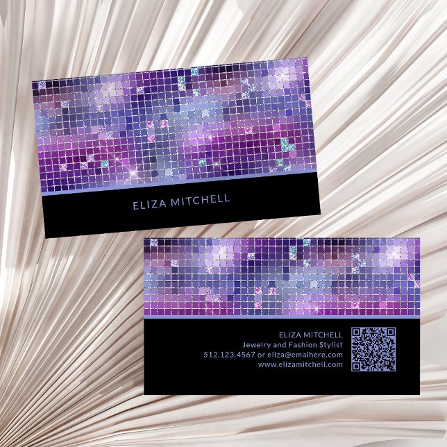 Retro Lila Pink Blue Disco Ball Mirror | QR-Code Visitenkarte (A glam, retro disco-inspired business card in purple, blue and pink with bold black and a QR code)