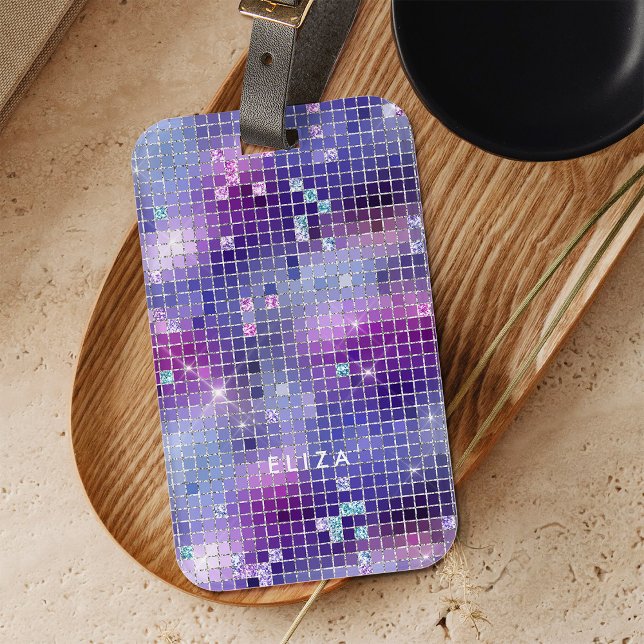 Retro Lila Rosa und Blue Disco Mirror | Monogramm Gepäckanhänger (A glam, dark purple pink and blue disco ball inspired luggage tag)