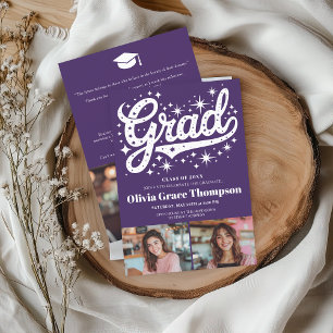 Retro Lila Skriptstars 3-Foto-Graduierungspartei Einladung